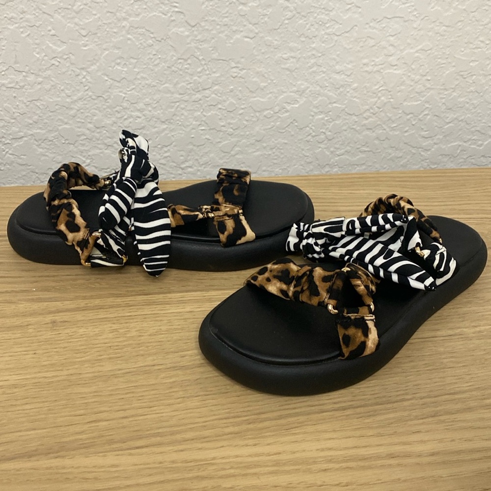 River Island black animal print bow strap sandals size 6